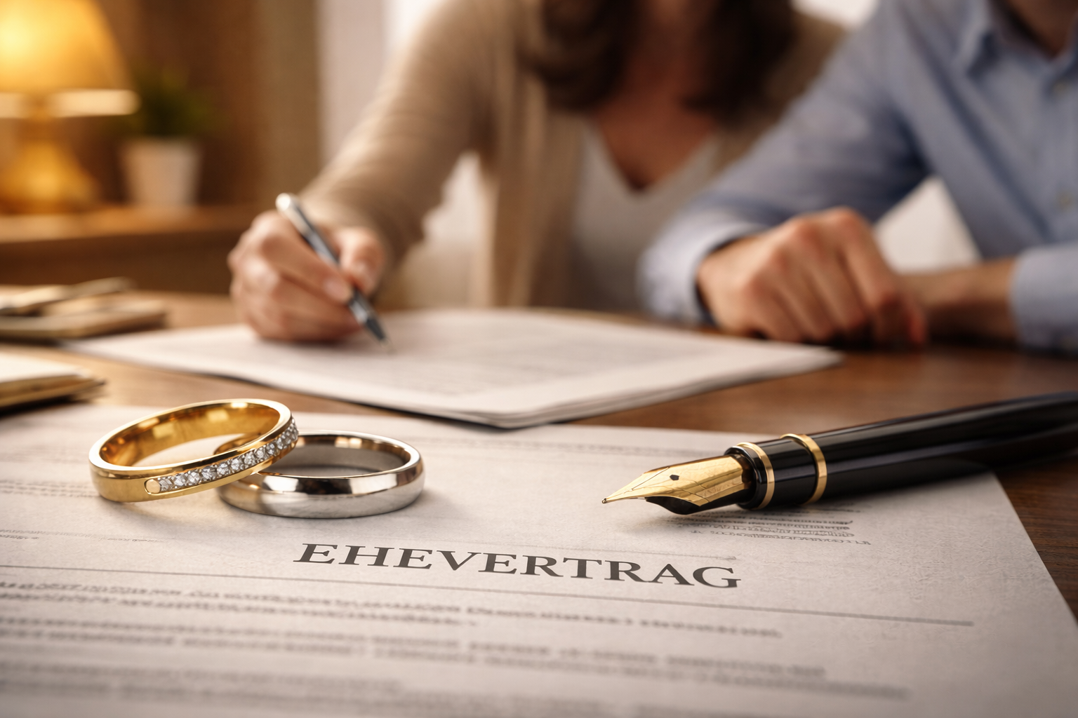 Ehevertrag und Ringe im Fokus